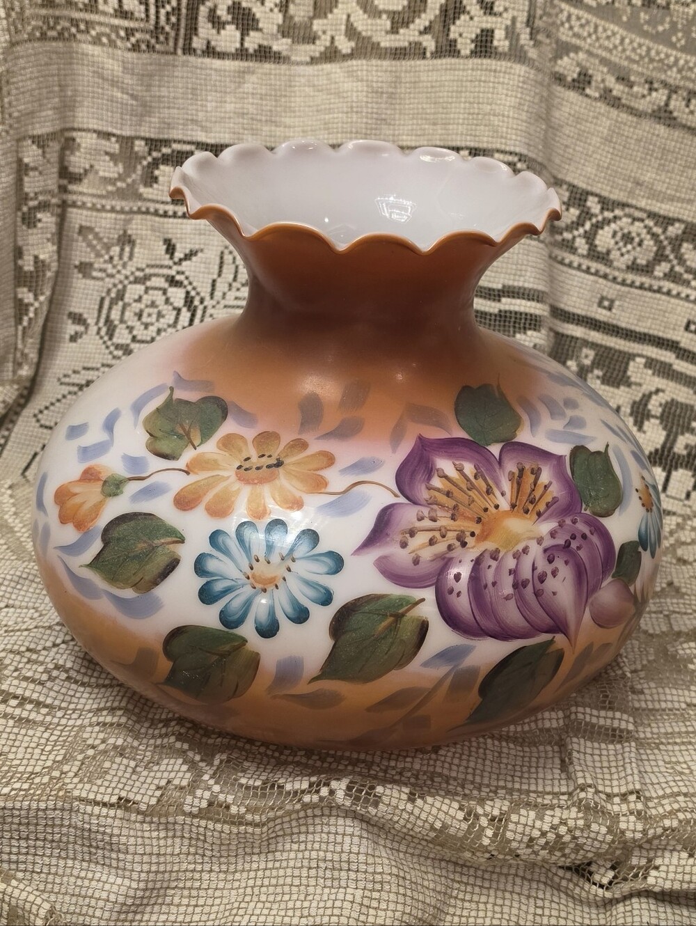 Vintage Hand Painted Milk Glass Floral Hurricane Lamp Shade 10"